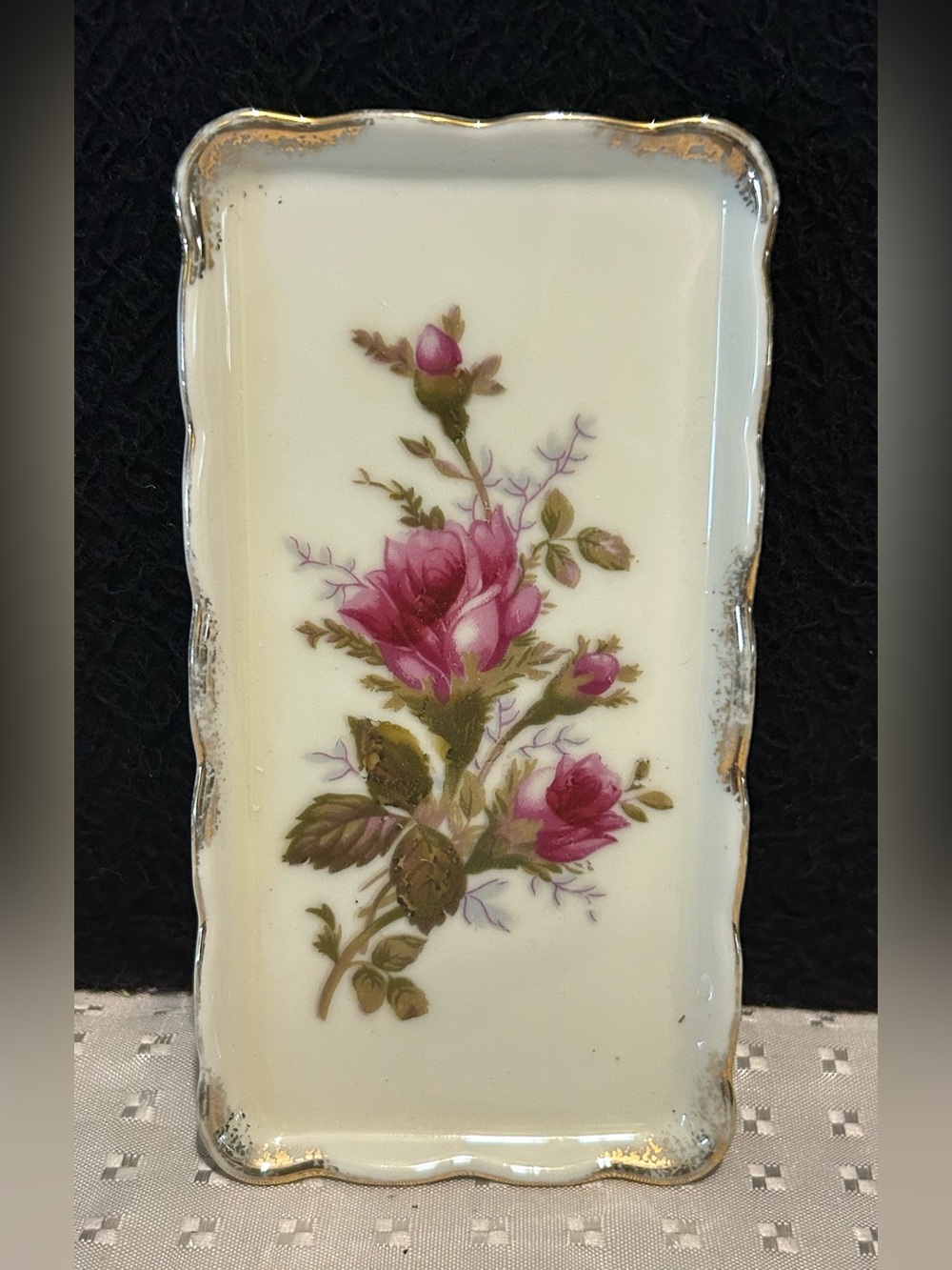 Vintage Porcelain Trinket Dish Rose Floral Gold Trim Rectangular Vanity Decor